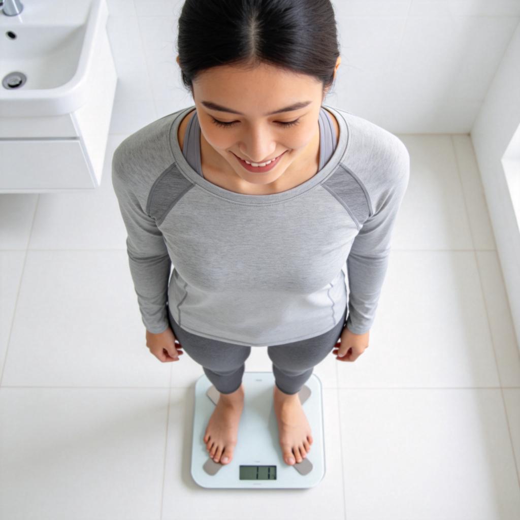 A person standing on a modern digital bathroom scale, looking down at the display which shows a lower number. They are wearing casual workout clothes, smiling slightly. Plain bathroom background with good lighting. No visible numbers or text on the scale's display.
