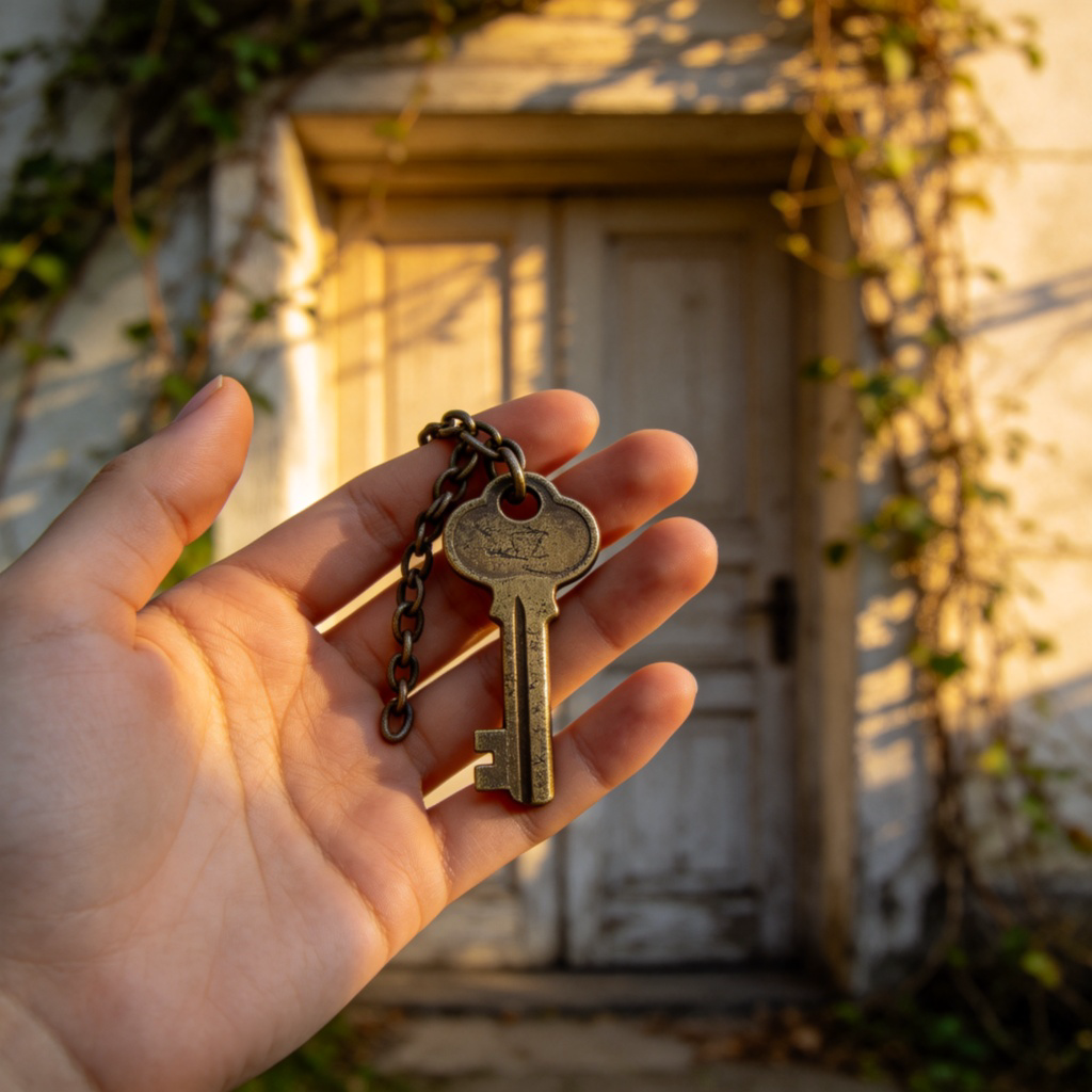 A close-up photo of a person's hand gently holding an old, worn-out key on a chain, against a blurred background of a closed, empty house. The expression on the hand is tentative, conveying a sense of nostalgia and absence. Soft, natural morning light. No text, no people's faces fully visible.