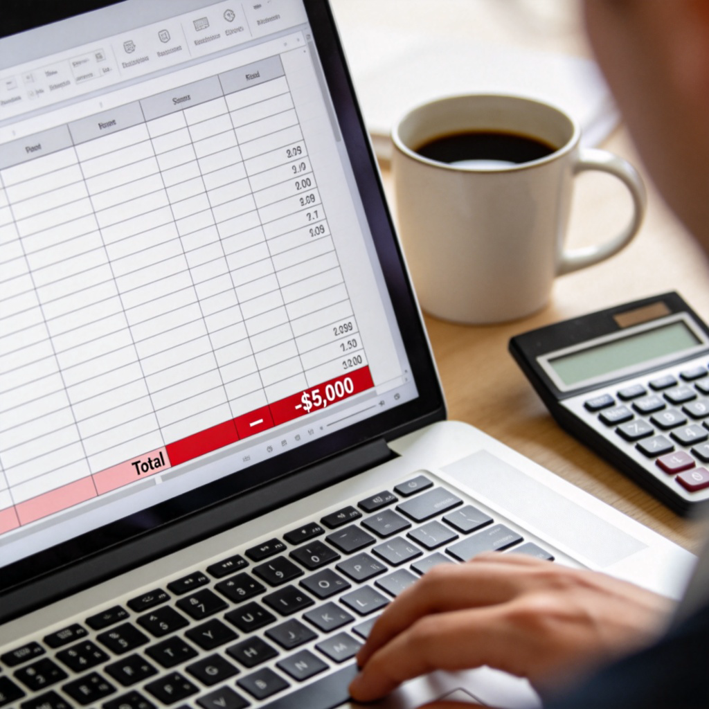 A clear, well-lit photograph of a simple financial report spreadsheet on a laptop screen. The 'Total' row at the bottom is highlighted in red, showing a negative number with a minus sign, such as '-$5,000'. In the background, a cup of coffee and a calculator are slightly out of focus. No visible faces.