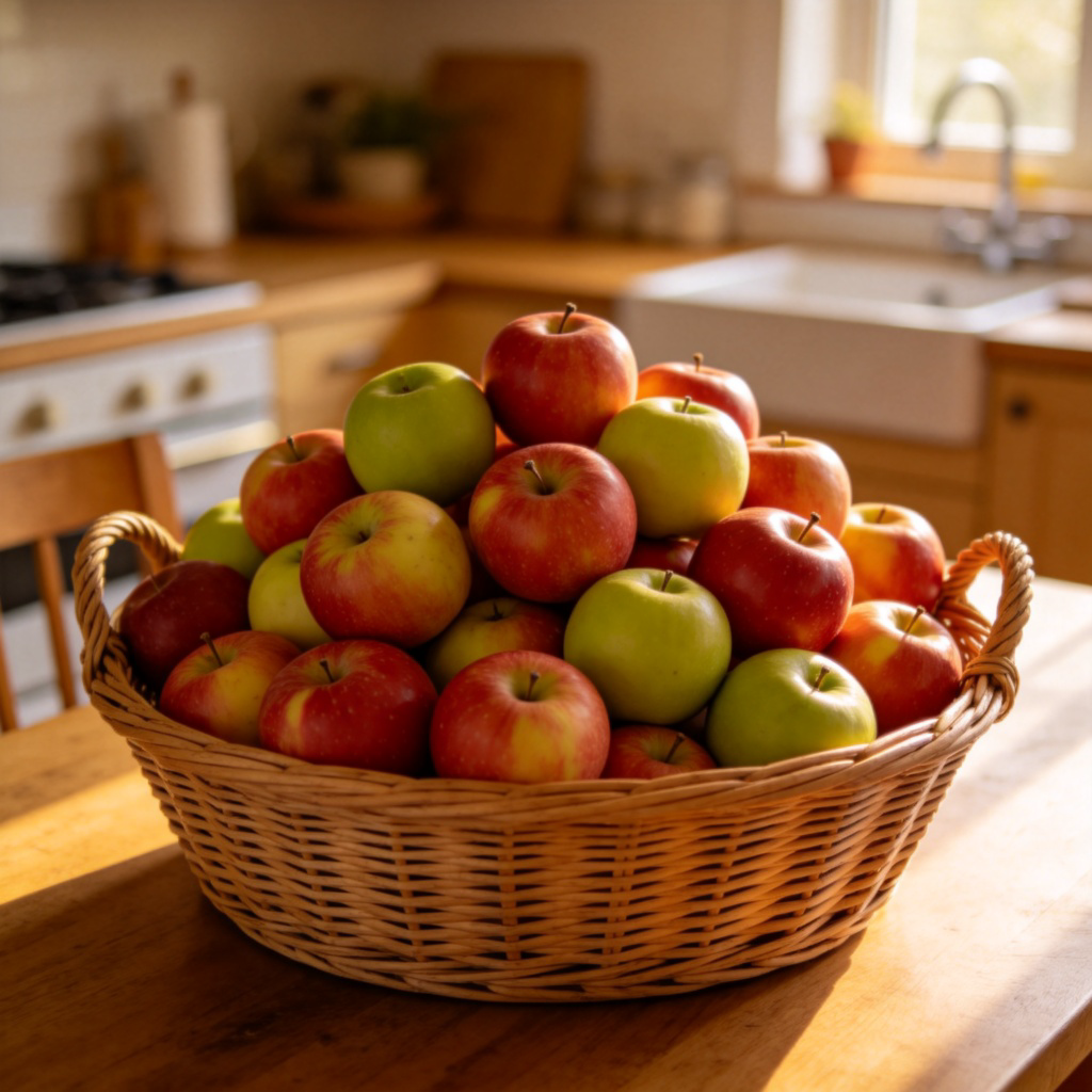 A wicker basket overflowing with many red and green apples, placed on a wooden kitchen table. The apples are piled high and look abundant. Warm, natural lighting from a window. Simple background, focus on the basket of apples. No text.