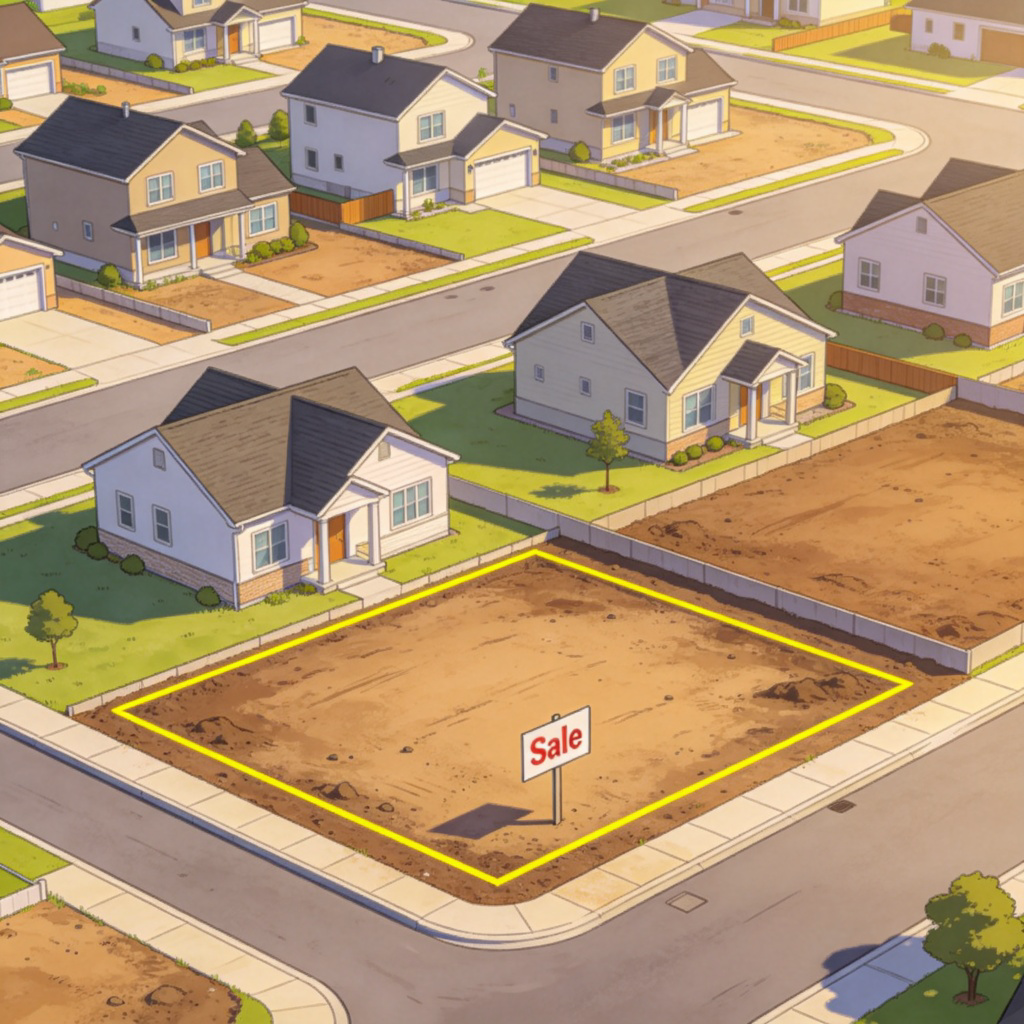A top-down, realistic illustration of a newly developed suburban street. Several similar-sized rectangular plots of land are neatly arranged, some with houses, one empty plot is marked with yellow boundary lines and a 'For Sale' sign. Clear, sunny day. No text.
