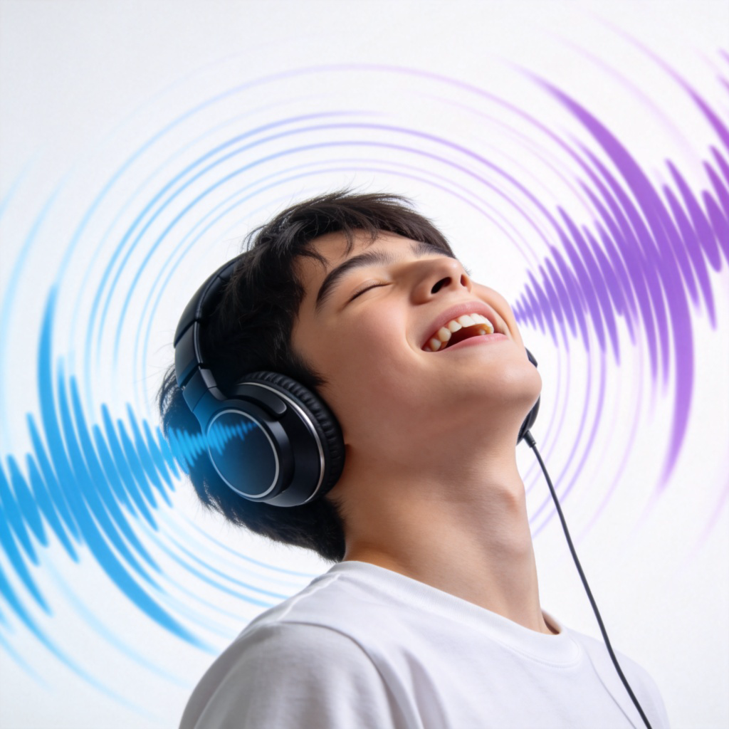 A young person with headphones on, head tilted back with eyes closed, passionately enjoying music. The image suggests powerful sound waves coming from the headphones. Or, a small child covering their ears with a surprised expression while standing next to a large, modern speaker at an indoor event. Clean background, dynamic action, focus on the reaction to sound.