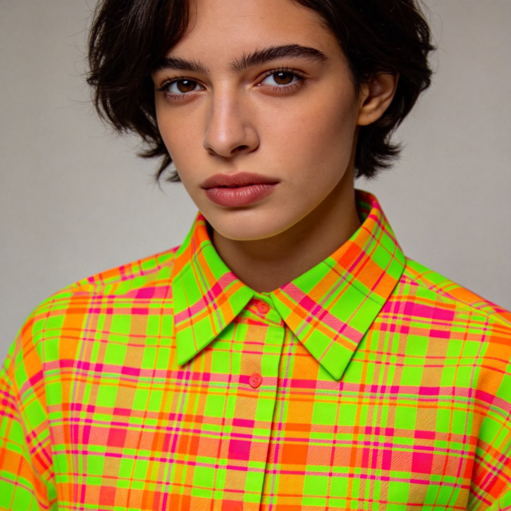 A close-up of a person's upper body wearing a shirt with an extremely bright, clashing plaid pattern in neon green, orange, and pink. The background is plain and neutral, ensuring the shirt is the sole, overwhelming focus of the image. Photorealistic style, clear details of the fabric.