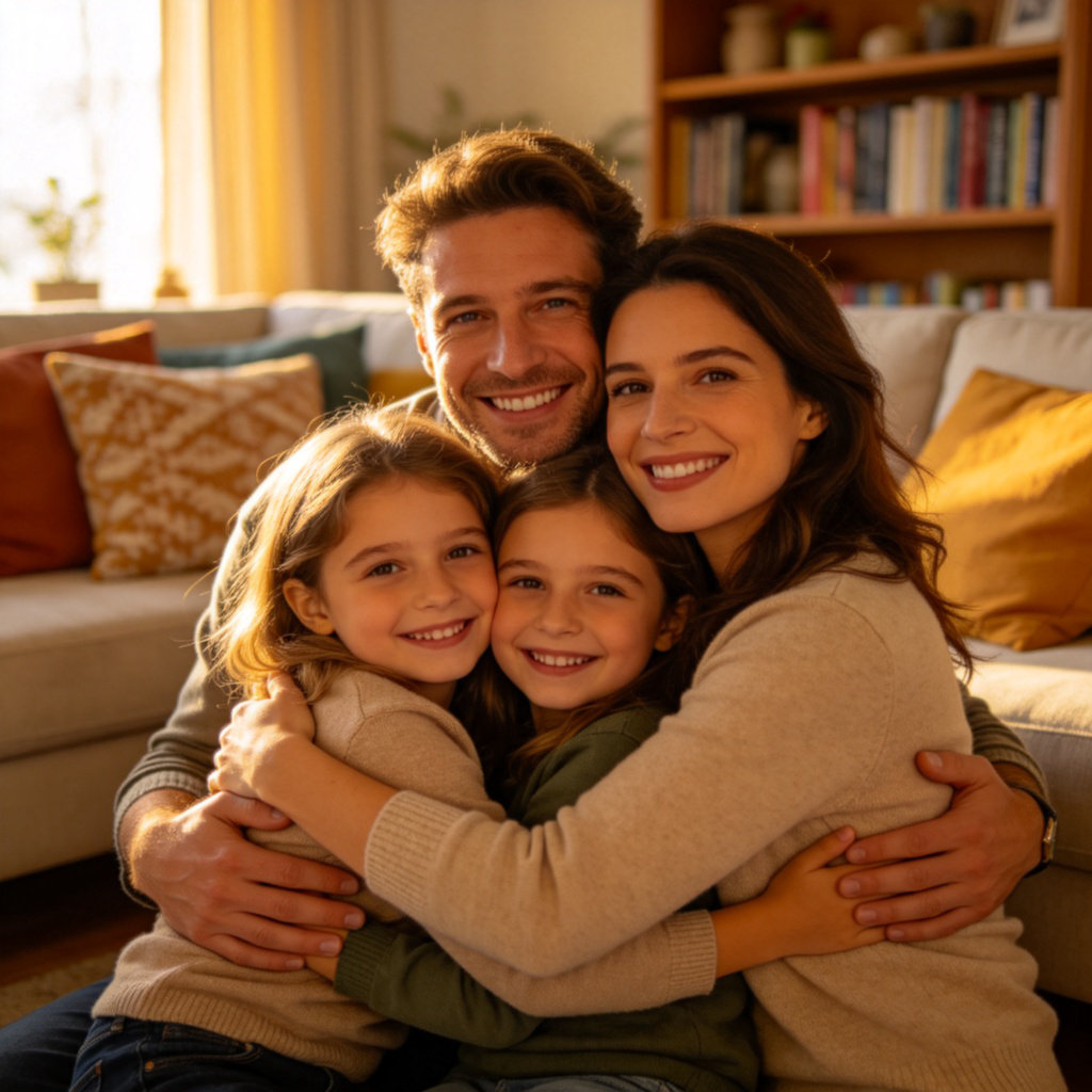 A happy family of three hugging each other warmly in a cozy living room with soft natural light. The focus is on their smiling faces and affectionate embrace. The atmosphere is joyful and full of care. No text.