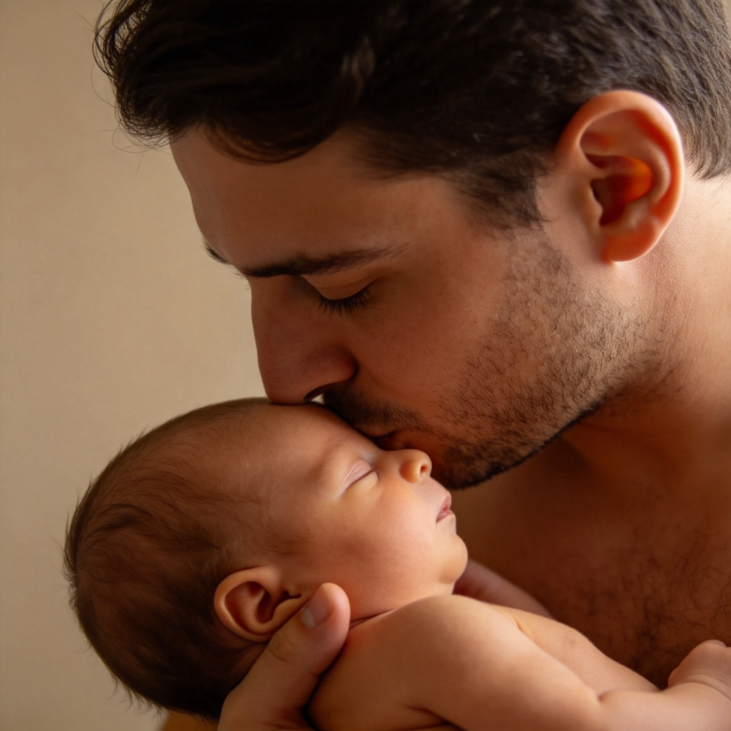 A parent gently cradling a sleeping baby in their arms, looking down with a tender and protective expression. Close-up shot focusing on the connection between them. Soft, warm lighting, plain background. No text.