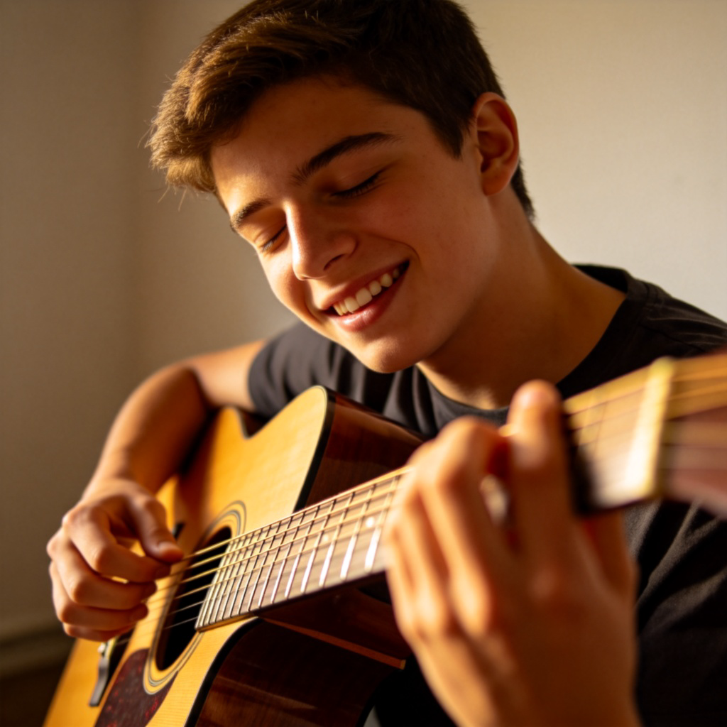 A young musician completely absorbed in playing a guitar, eyes closed, expressing deep emotion and joy. The setting is a simple room with good lighting. The focus is on the musician's hands on the guitar and their expressive face. No text.