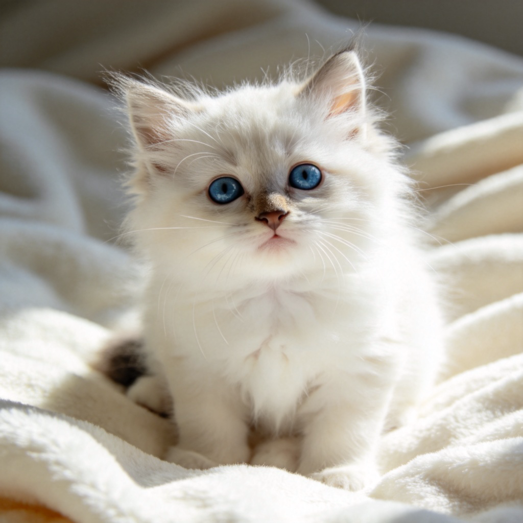 A close-up photograph of a small, fluffy white kitten with big, bright blue eyes, looking curiously at the camera. It is sitting on a soft, light-colored blanket in natural sunlight. The expression is sweet and endearing. No text in the image.