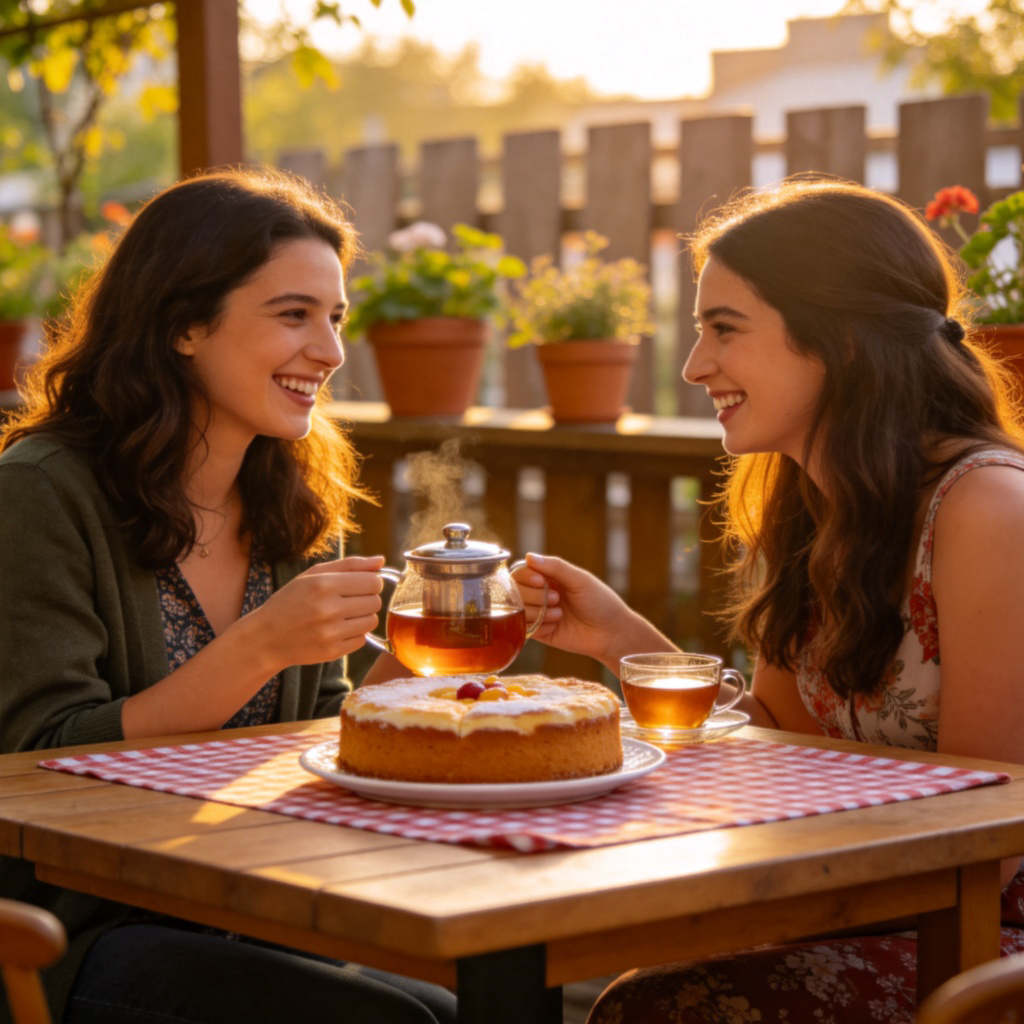 A cheerful scene of two friends smiling and sharing a pot of tea at a cozy outdoor cafe table. They are relaxed and talking under a gentle sun. A delicious-looking cake is on the table between them. The overall mood is warm and happy. No text in the image.