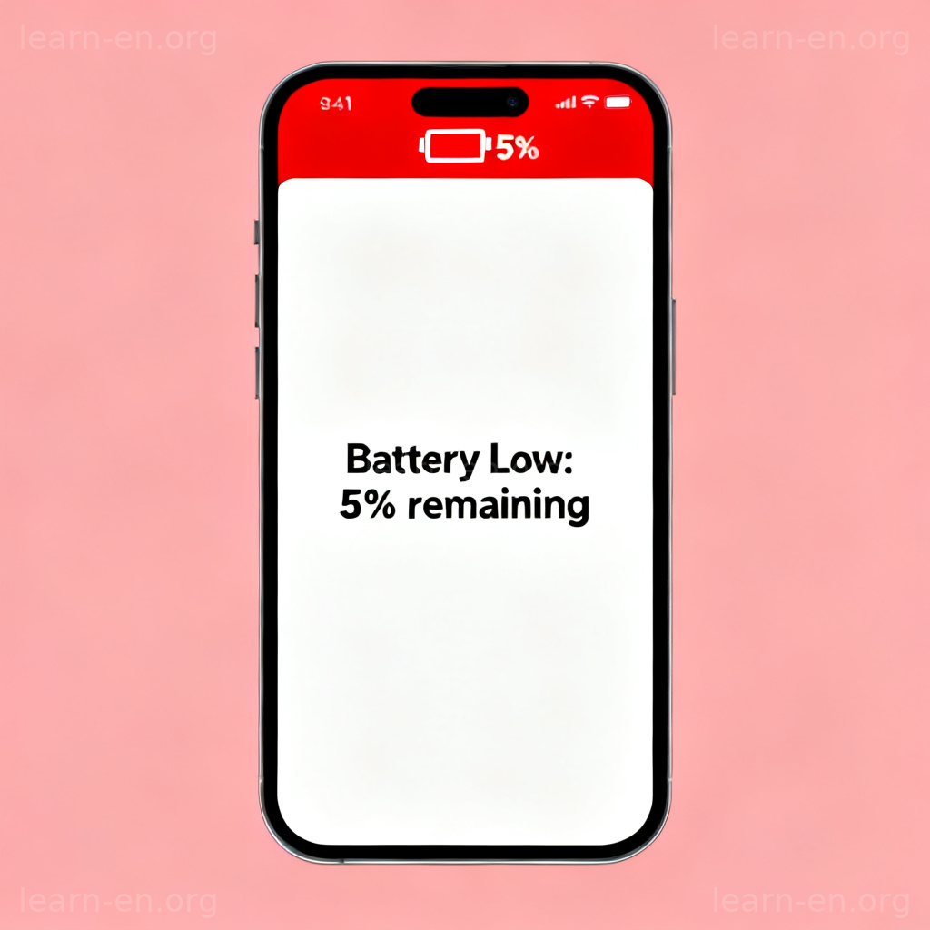 Notification de batterie faible sur écran de smartphone avec icône rouge à 5%