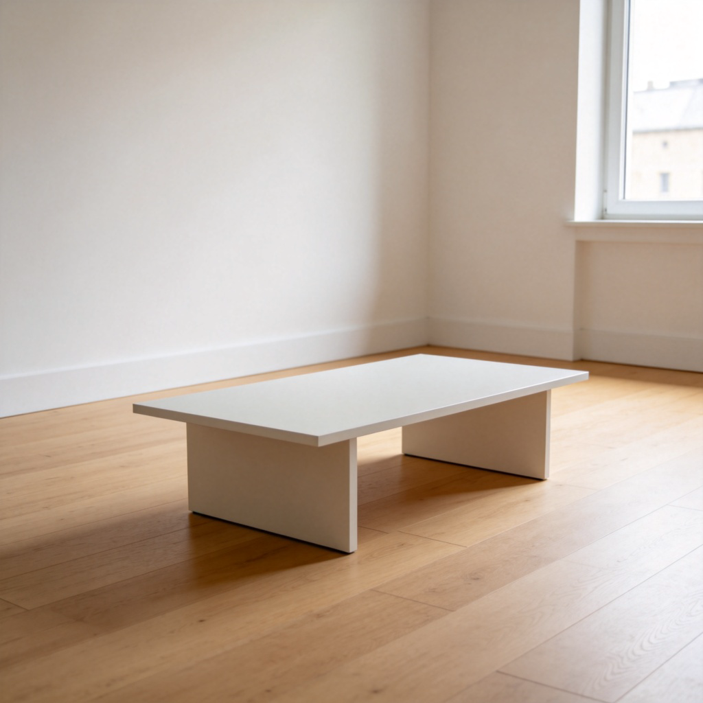 A clear photograph of a modern, minimalist coffee table that is significantly shorter than a standard sofa. The table is empty, placed on a light-colored wooden floor. The focus is on the table's height relative to the surrounding space, emphasizing its low profile. Natural daylight.