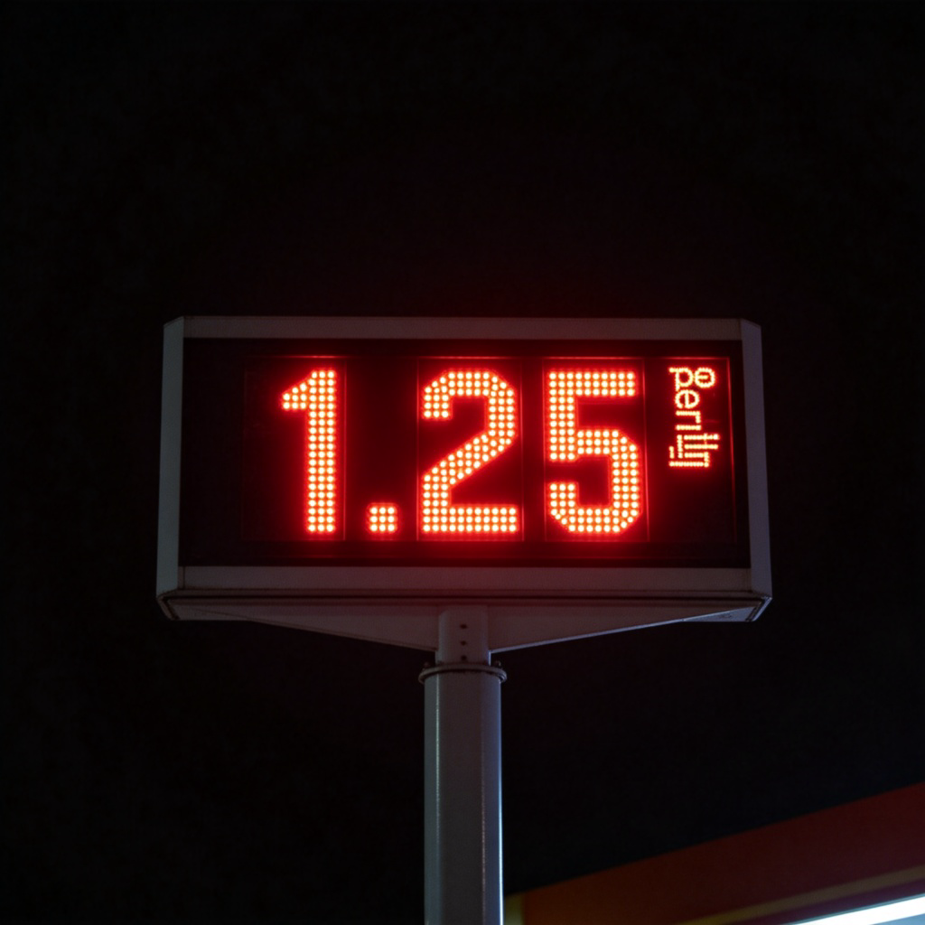 A close-up photo of a gas station price sign at night. The numbers showing the price per liter are clearly visible and set at a conspicuously small value, like $1.25. The background is dark, making the illuminated numbers the clear focus. No people in the shot.