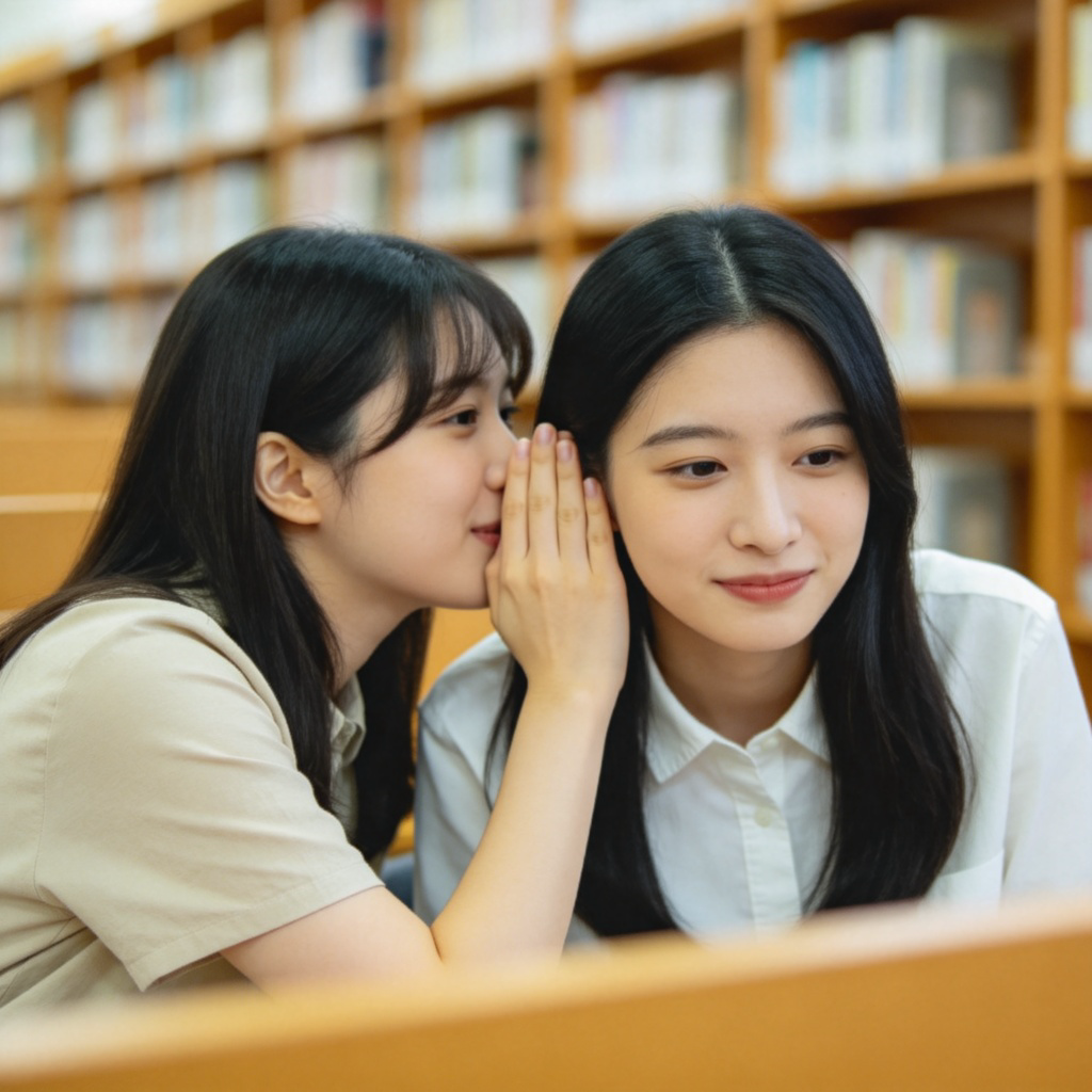 A person leaning close to a friend's ear, whispering with a gentle expression. They are in a quiet public place like a library or museum. The focus is on their proximity and hushed demeanor. Soft, natural lighting. No text or logos.