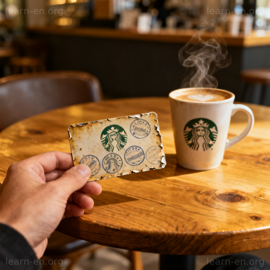 Loyalty to a brand shown by a well-used coffee shop loyalty card next to a cup of coffee.