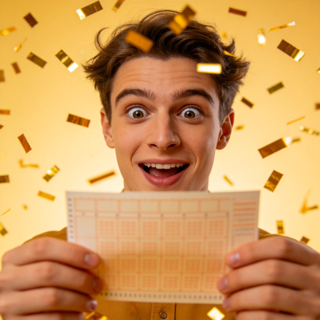 A person holding a lottery ticket, looking at it with an expression of shock and joy as a golden shower of confetti falls around them. Focus on their happy face and the ticket. Simple background, warm lighting. No text or numbers visible on the ticket.