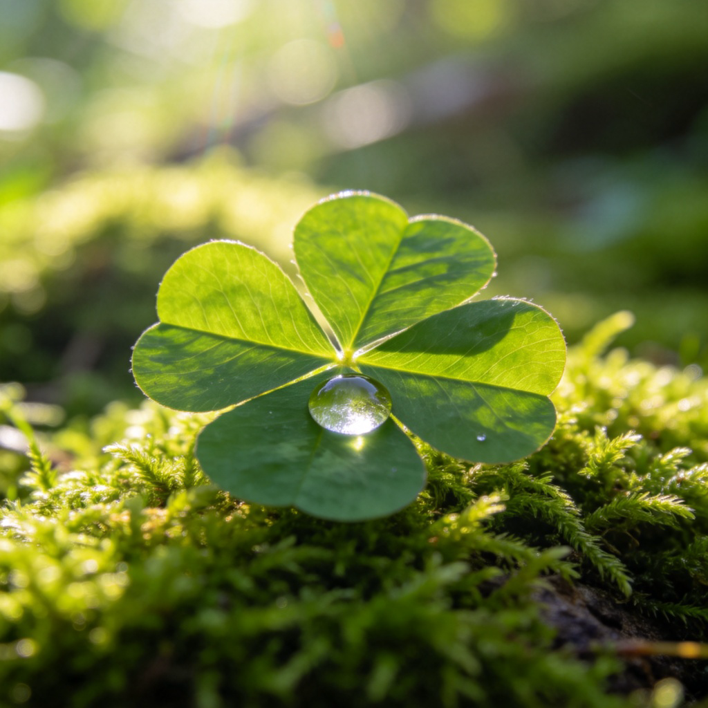 A close-up of a single green four-leaf clover lying on a bed of soft moss, with one dewdrop on a leaf. Sunlight filters through, creating a bright, magical glow. The focus is entirely on the clover against a simple, natural background. No text.