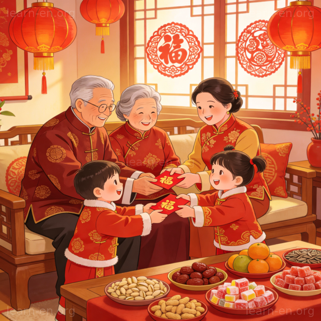 Elders handing red envelopes to children during Spring Festival