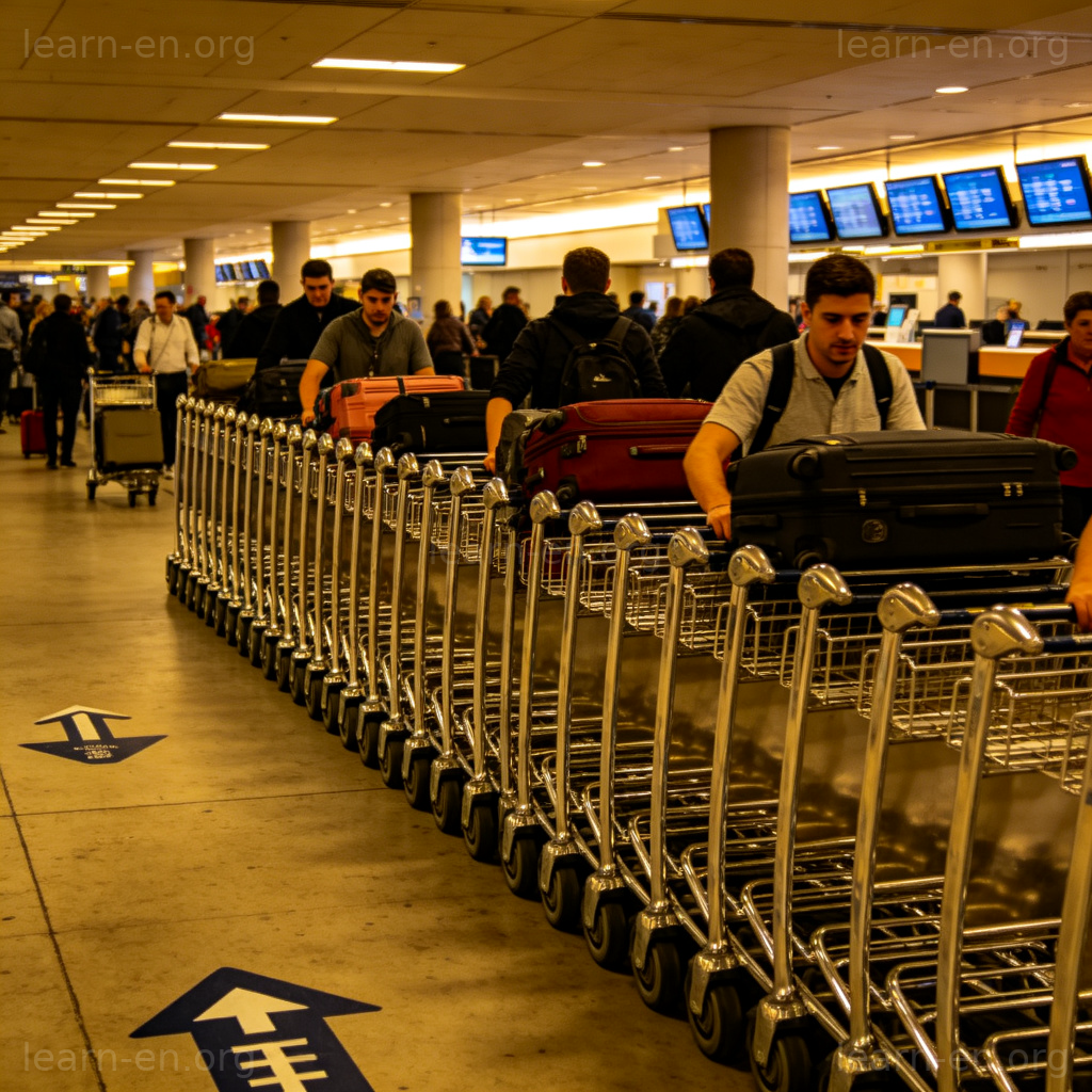 Luggage Cart 行李推车图解：机场到达厅金属行李车与行李箱