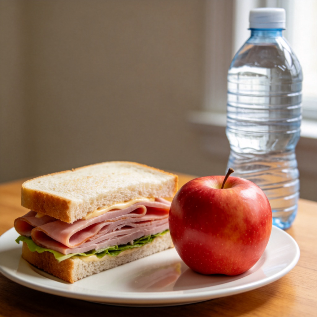 A simple, appetizing lunch plate on a wooden table, containing a ham sandwich, a bright red apple, and a bottle of water. The food is the clear focus, with a soft, natural light coming from the side. The background is blurred and neutral. No text or logos.
