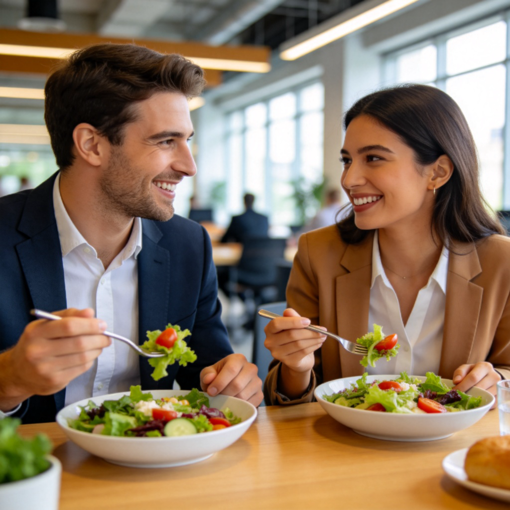 Two businesspeople, a man and a woman, smiling and talking while eating salads at a modern office cafeteria table. They are dressed in smart casual attire. The scene is bright and friendly, focusing on their interaction and the act of eating together. No text.