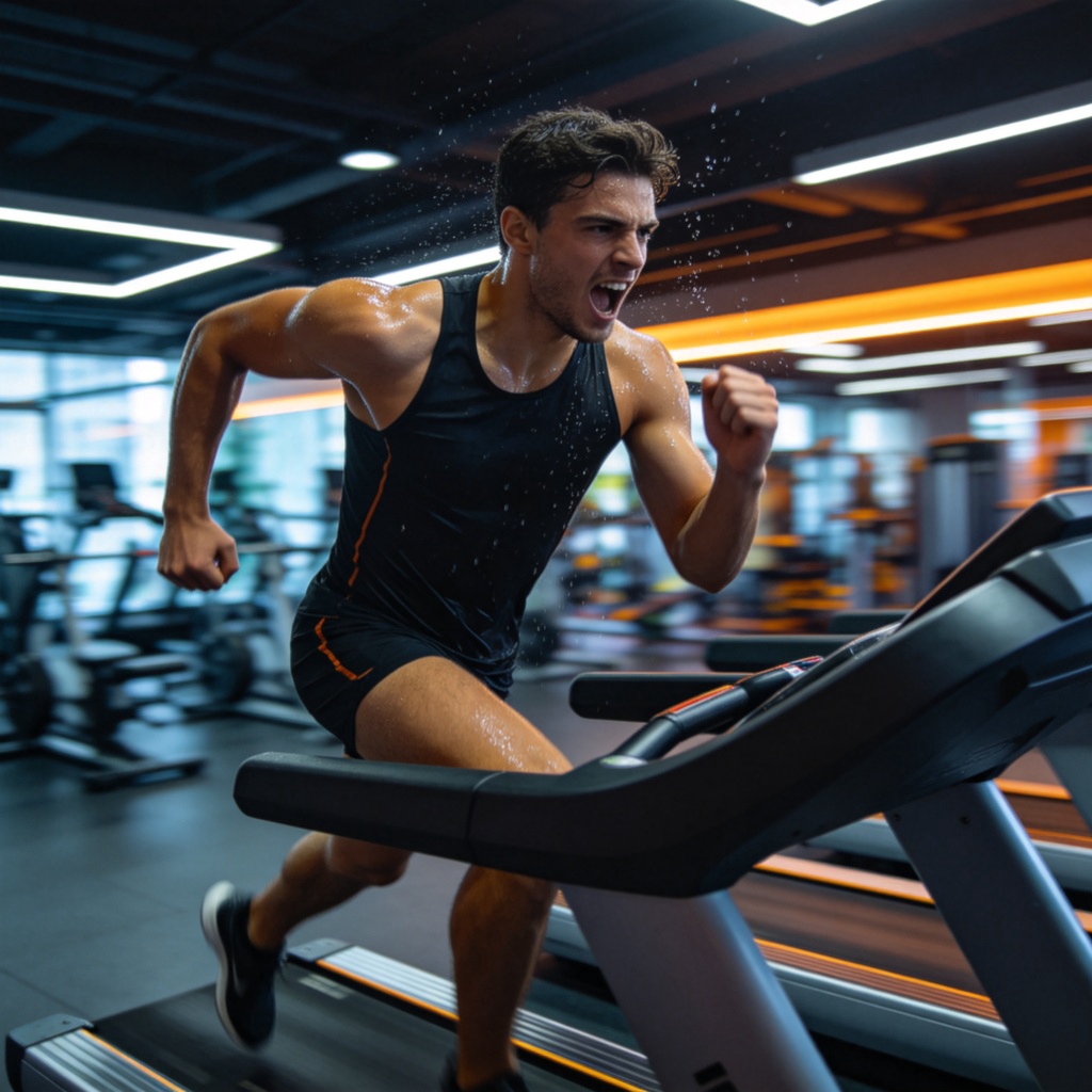 A focused athlete on a running treadmill in a modern gym, sweating and pushing themselves hard. They wear sports gear, and their determined expression shows intense effort. The background is blurred, highlighting the person's powerful and relentless motion. No text.