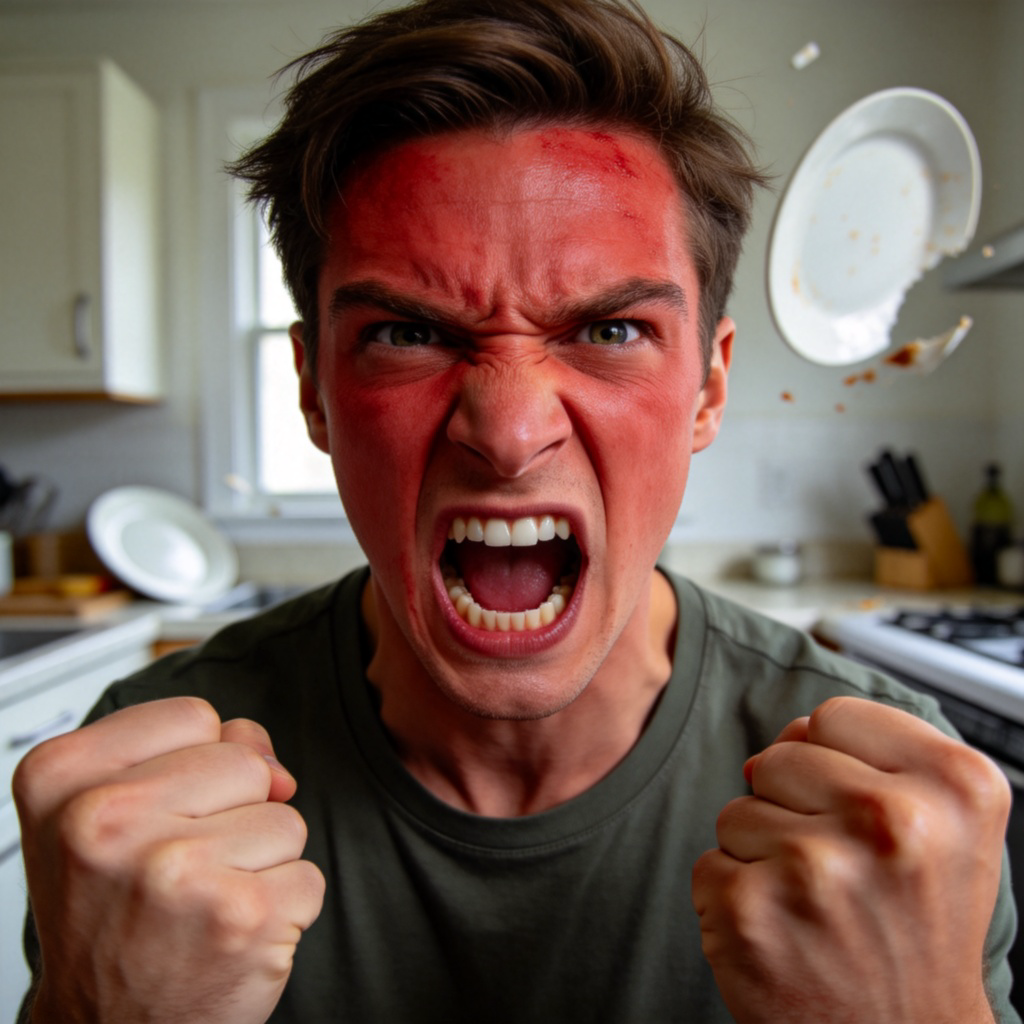 mad 生气含义图解：人物因打碎盘子而愤怒