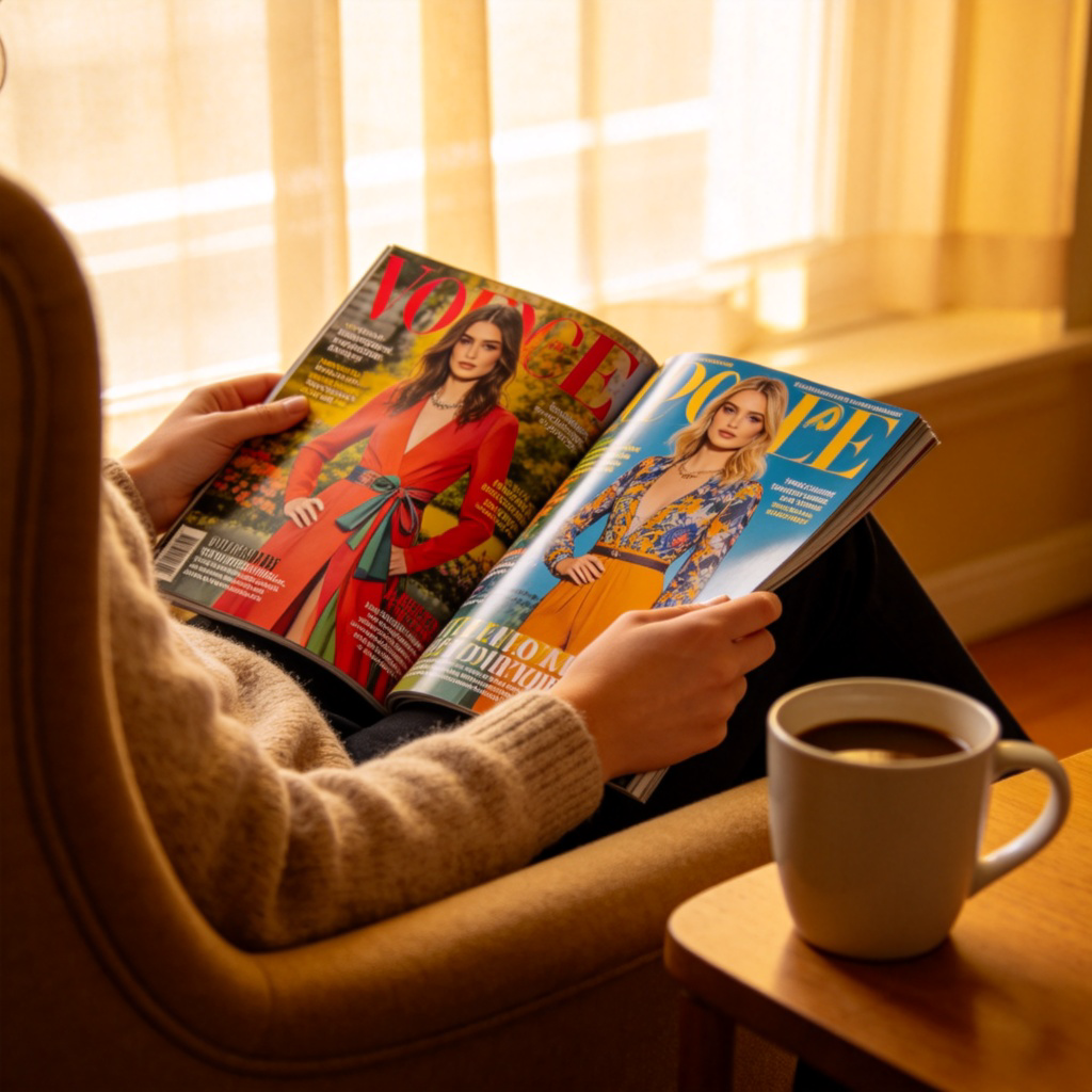 A person sitting in a cozy armchair, casually flipping through a colorful, glossy fashion magazine with large pictures and headlines. Daylight from a window, a cup of coffee on a nearby table. The magazine is the clear focus. No text.