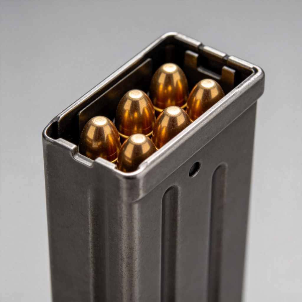 A close-up, isolated view of a rectangular, metallic rifle magazine, with several brass bullets visible inside. Plain grey background, studio lighting. The object is clean and clearly defined. No hands, no gun, and absolutely no violent context.