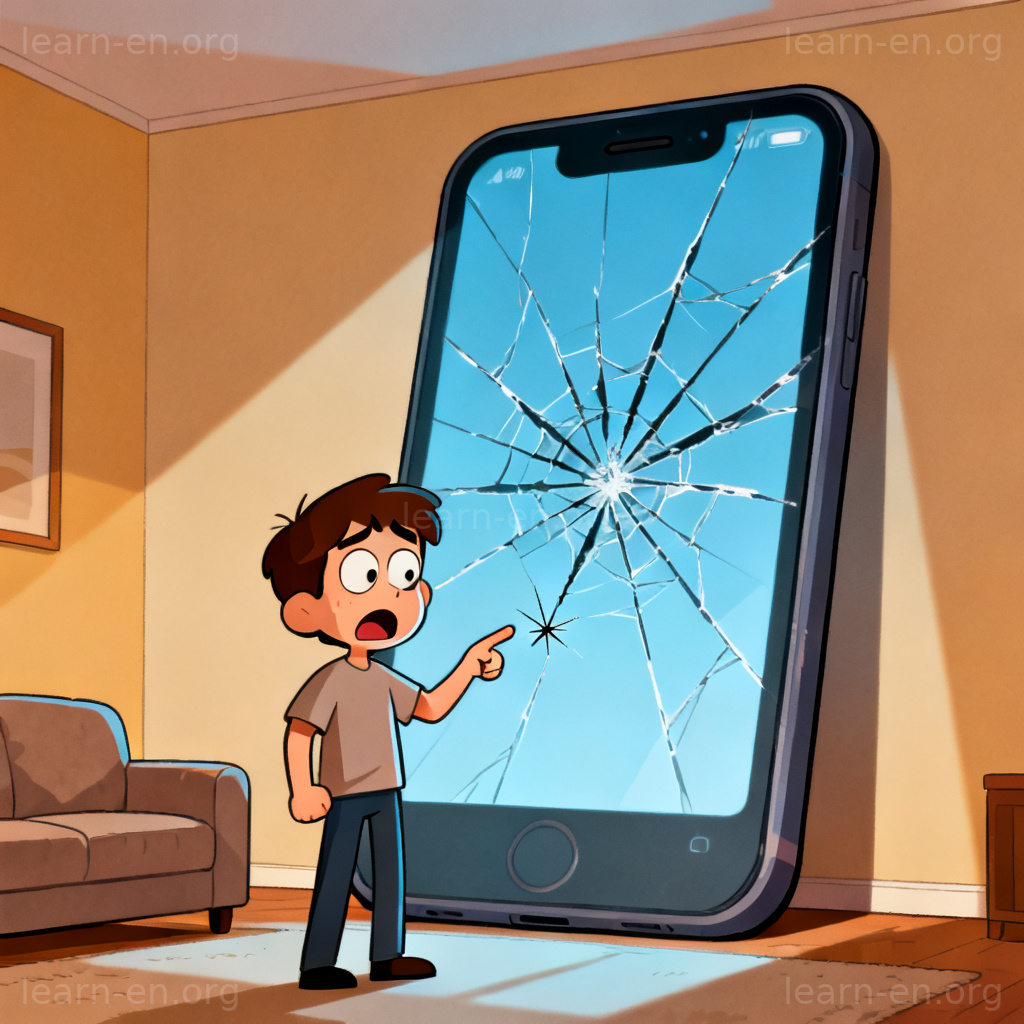 Magnify figurative meaning: person exaggerating a small phone crack into a huge problem.