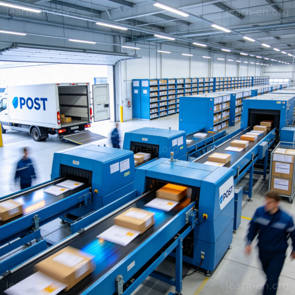 A wide shot of a modern postal center. Large blue mail sorting machines are in operation, with conveyor belts carrying envelopes and packages. Postal trucks with ‘POST’ logos are parked outside the loading bay. The atmosphere is busy but organized. Clean, well-lit interior. No people's faces are clearly visible.