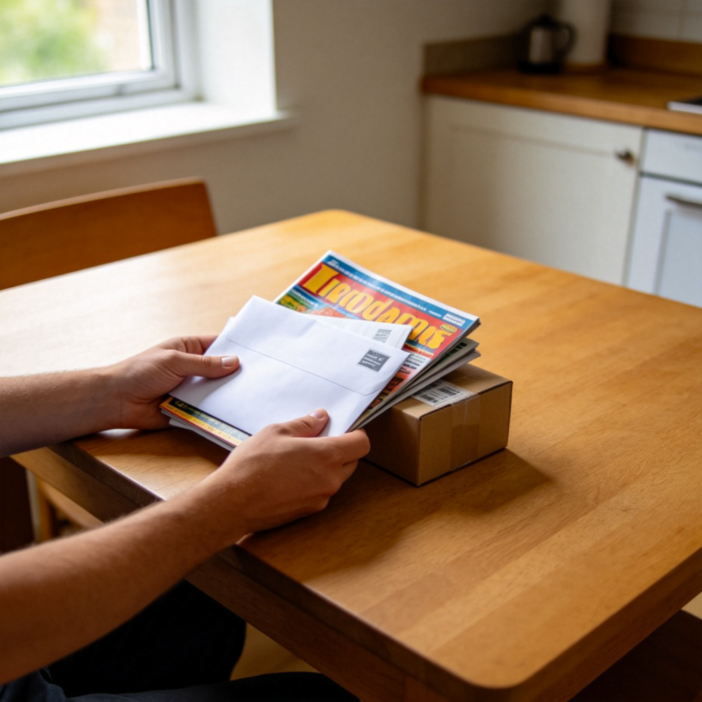 A person's hands are holding a small pile of mail just taken from a home mailbox. The mail includes a white envelope, a colorful magazine, and a small cardboard package. The hands are resting on a wooden kitchen table with a simple background. Daylight from a window illuminates the scene.