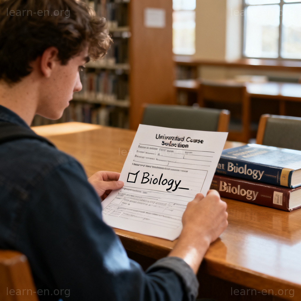Academic major concept showing a student selecting Biology as primary study.