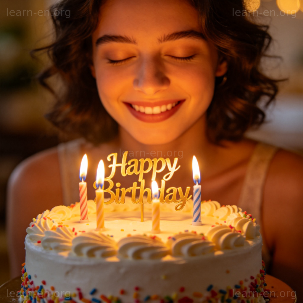 Make a wish 许愿场景图解：闭眼微笑面对点燃蜡烛的生日蛋糕