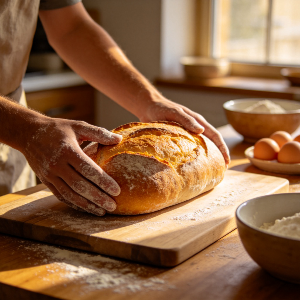 A person in a kitchen, hands covered in flour, placing a freshly baked loaf of bread on a wooden cutting board. The golden-brown crust is visible, and other baking ingredients like eggs and a mixing bowl are nearby on a counter. Natural lighting from a window, warm and inviting atmosphere. No text.