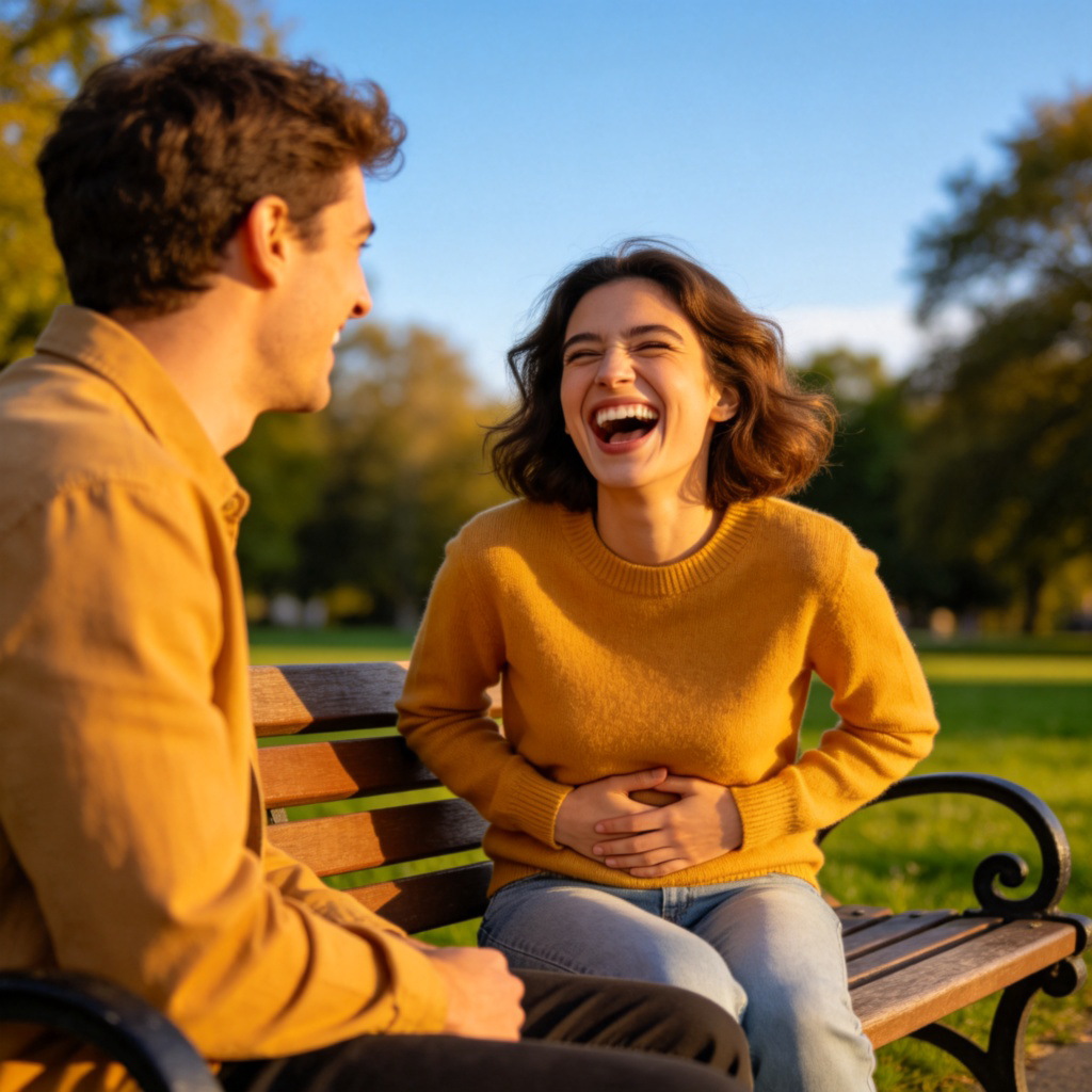 A person telling a joke to a friend, and the friend is reacting with a big, genuine laugh, hands on their stomach. They are sitting on a park bench on a sunny day. The focus is on the joyful reaction caused by the other person's words. No text.