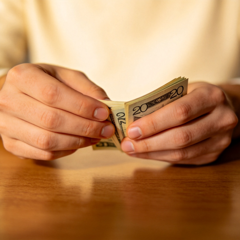 A close-up shot of a person's hands counting a small stack of paper bills (like 20-dollar bills) on a wooden table. Soft, focused light on the money, shallow depth of field so the background is blurred. The action conveys the concept of earning. No text.