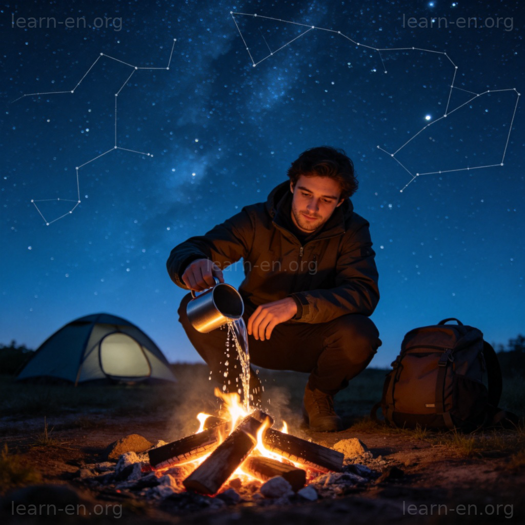 睡前熄灭营火安全图解：星空下用水浇灭余烬的露营场景