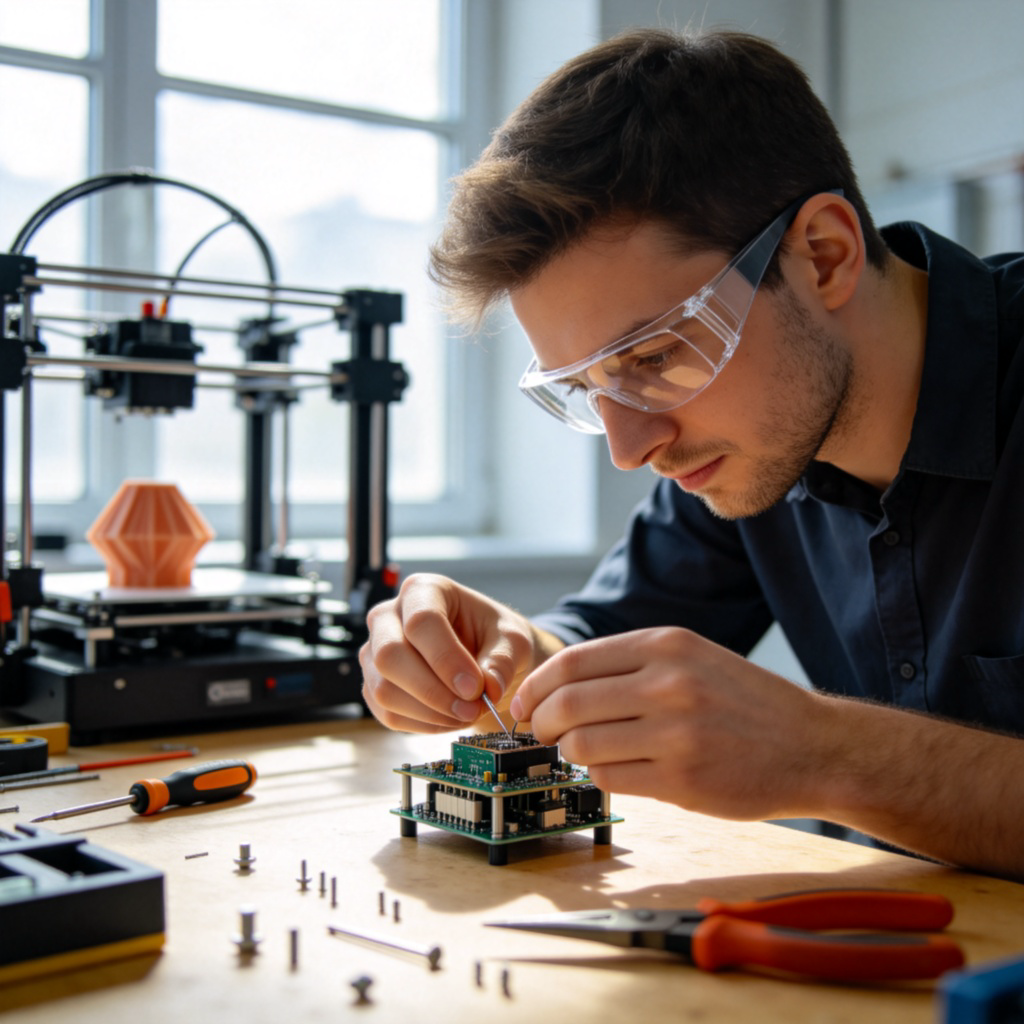 maker 制造者图解：专注的创客在现代化工作坊中组装原型