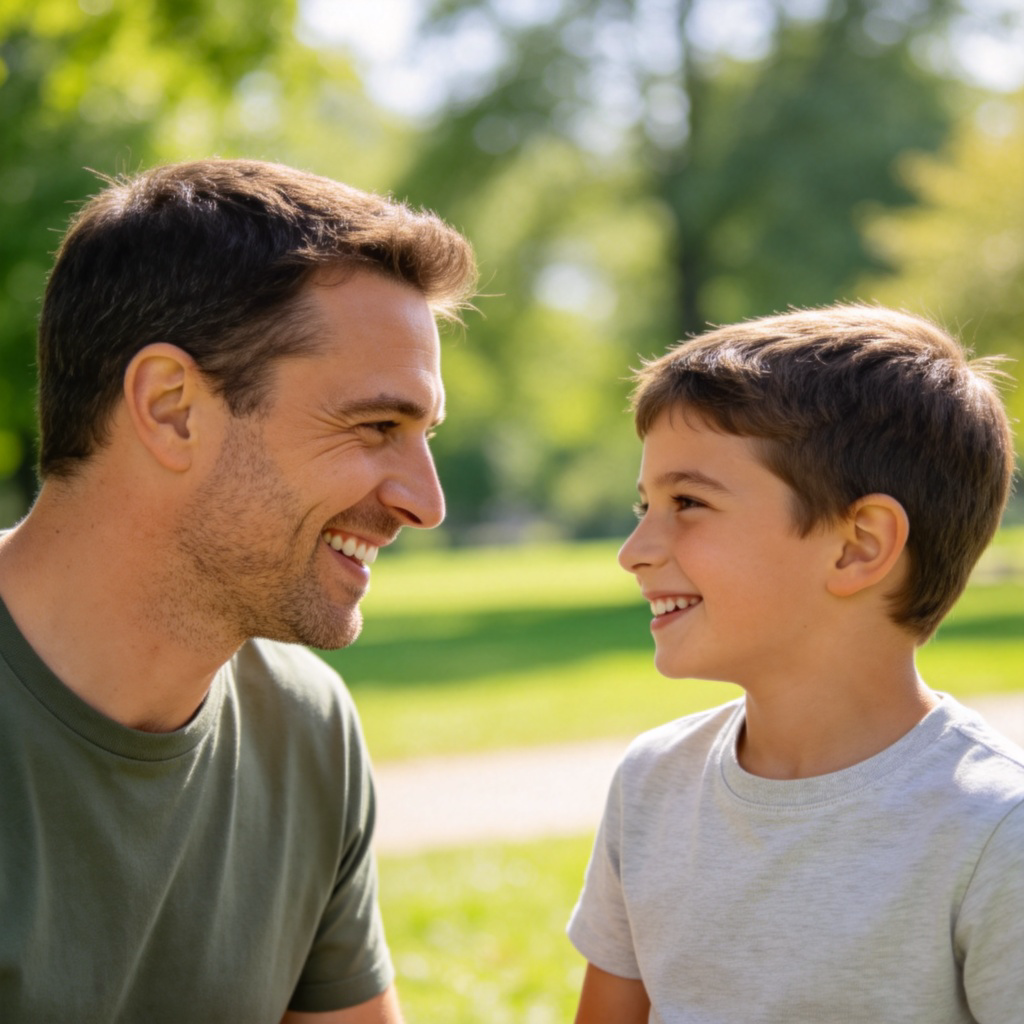 A group of happy people, one adult man with short hair and a boy, smiling and talking together outdoors. They are clearly identified as males. Plain, blurred green park background. Bright, natural lighting. No text.