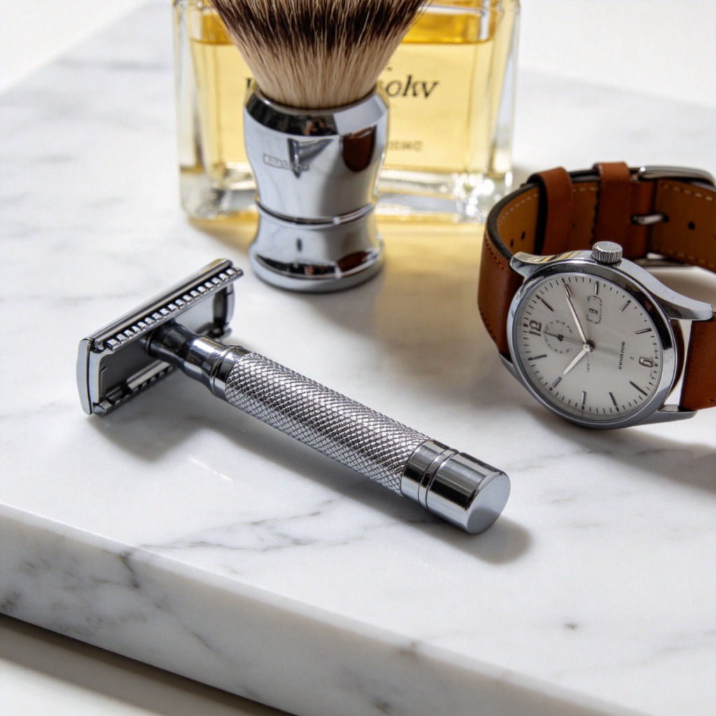 A close-up, clean shot of typical male grooming items on a marble surface: a silver razor, a bottle of classic cologne, and a leather watch. Soft focus background. Bright, studio lighting. No text or people.