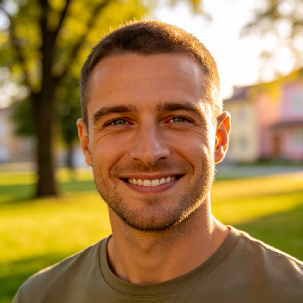 A close-up portrait of an adult male with short hair, wearing casual clothes like a T-shirt and jeans, smiling warmly. He is standing in a bright, everyday environment like a park or a home. Clear lighting, realistic style, no text or logos.