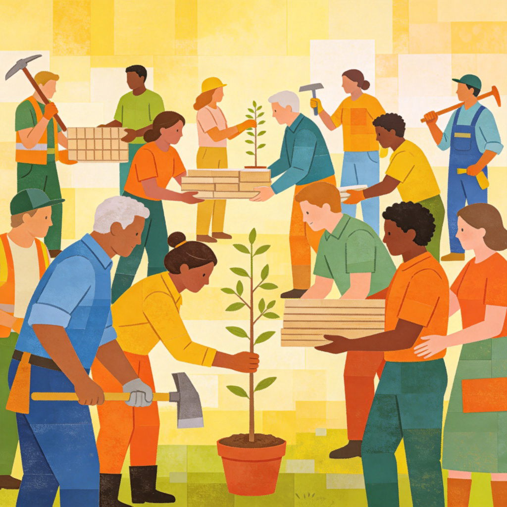 A symbolic collage or illustration showing a diverse group of people of different ethnicities, ages, and genders working together, such as building a structure or planting trees. The focus is on unity and collective human effort, not on any single individual. Bright, uplifting colors, no text.