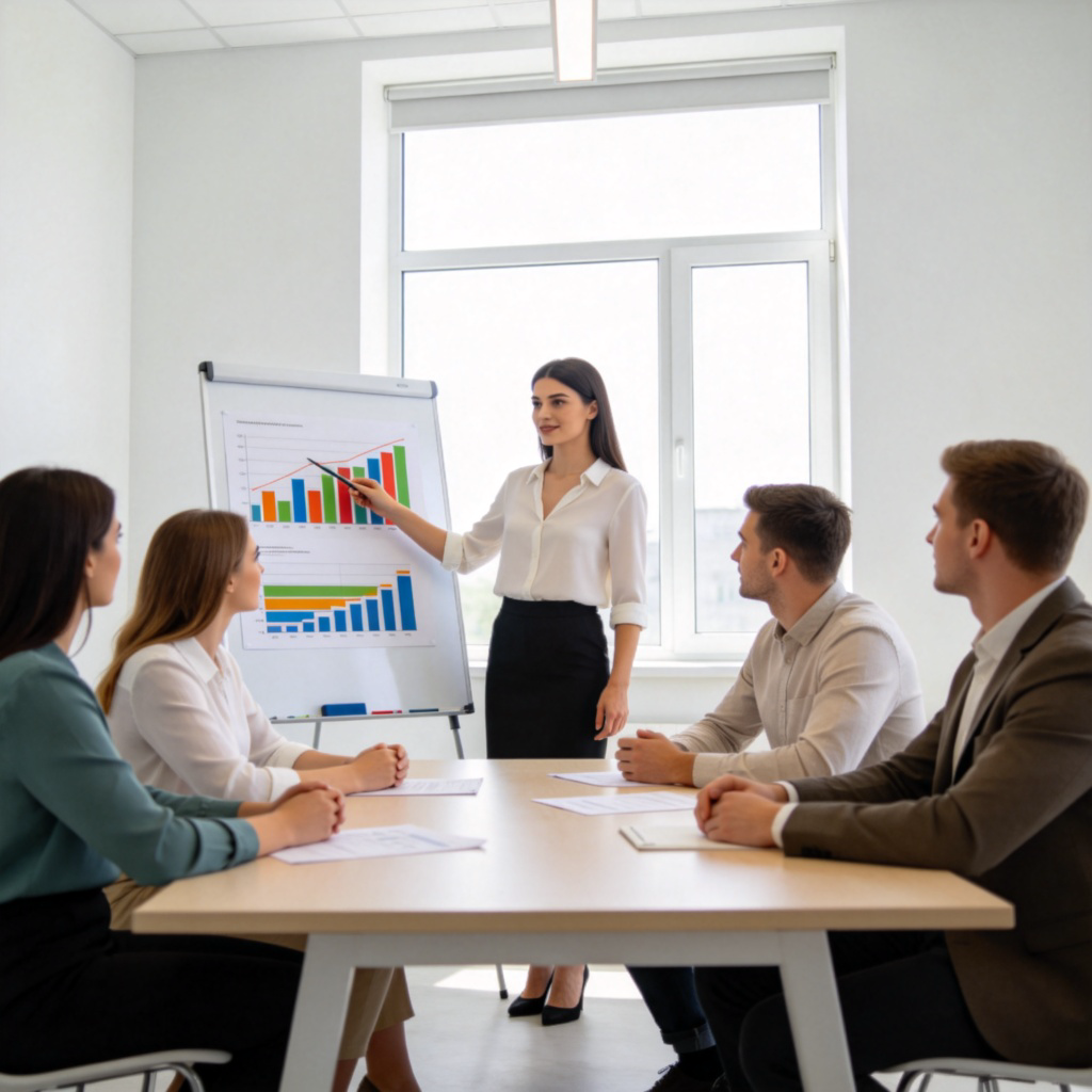 A confident-looking woman in a modern office stands by a whiteboard, pointing at colorful charts and graphs. Her team of three people sits around a table, looking at her and listening attentively. Daylight from a large window, clean and professional environment. No text.