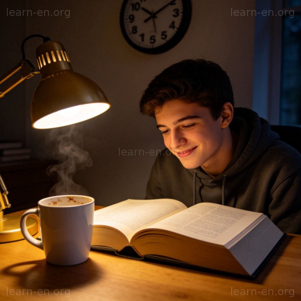 A tired but happy student sits at a desk late at night, finishing the last page of a thick textbook, with an empty coffee mug nearby. A clock on the wall shows it's almost midnight. Warm desk lamp lighting, focused on the student and the book. No text.