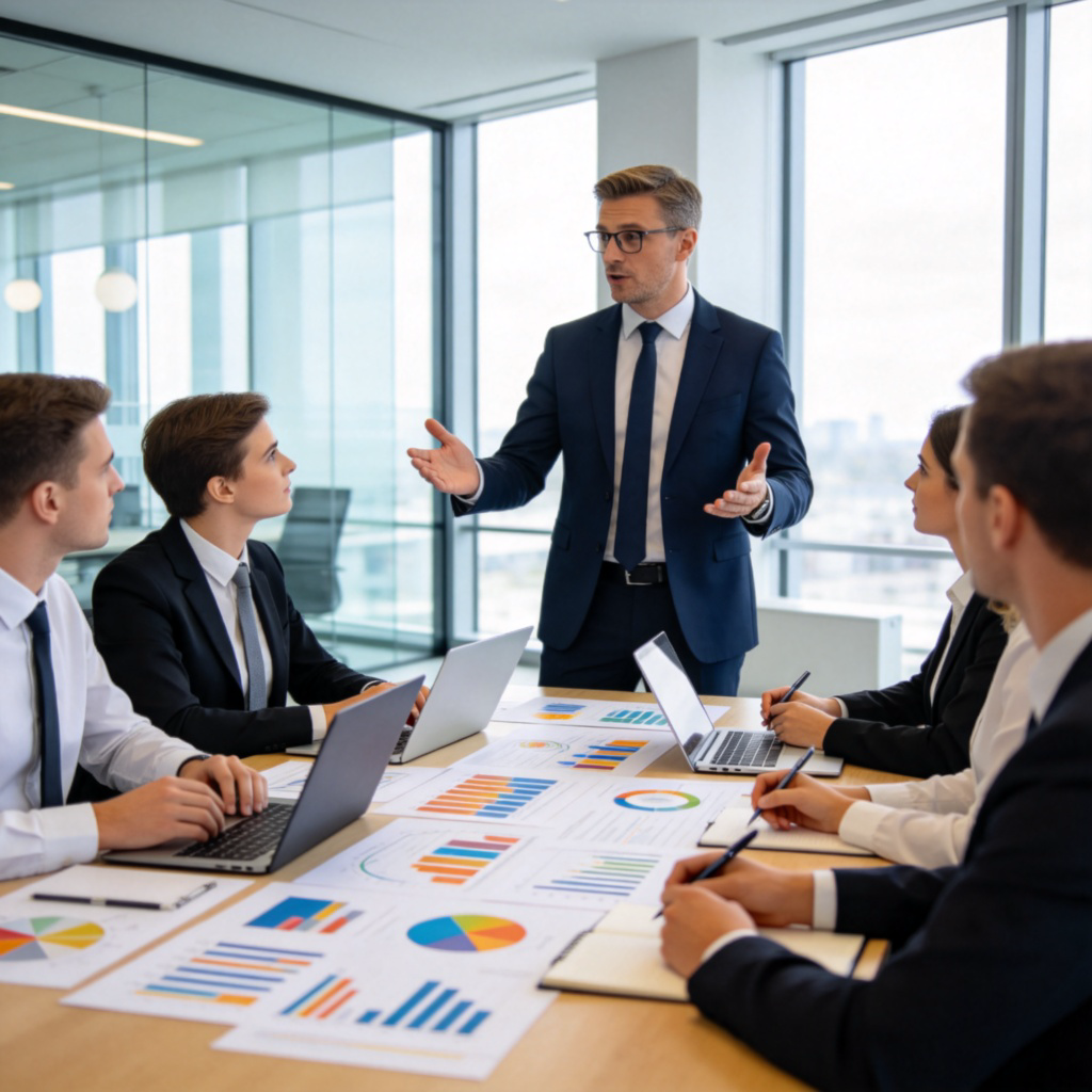 A professional manager in business attire, standing in a modern office, leading a discussion with a team around a table covered with charts and laptops. The manager is gesturing confidently, while team members listen and take notes. Bright, natural lighting from large windows, clean and organized environment. Photorealistic style, no text or logos.