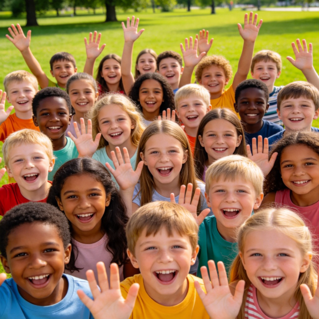 A cheerful crowd of diverse children standing together in a park, smiling and waving at the camera. The focus is on the large number of happy faces filling the frame. Bright daylight, green grass background. No text.