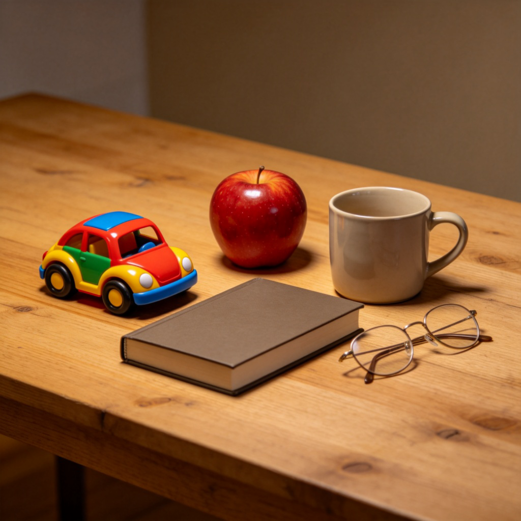 A table top covered with many different objects: a colorful toy car, a shiny red apple, a closed book, a ceramic coffee mug, and a pair of glasses. The objects are neatly arranged but clearly distinct in type and color. Soft indoor lighting on a wooden table. No text.