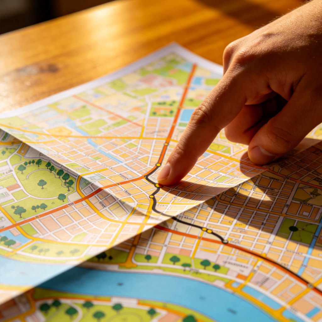 A close-up of a person's hand using a finger to trace a route on a colorful, unfolded paper map of a city. The map shows clear streets, parks, and a river. The background is a wooden table. The focus is on the map and the pointing finger. No text.