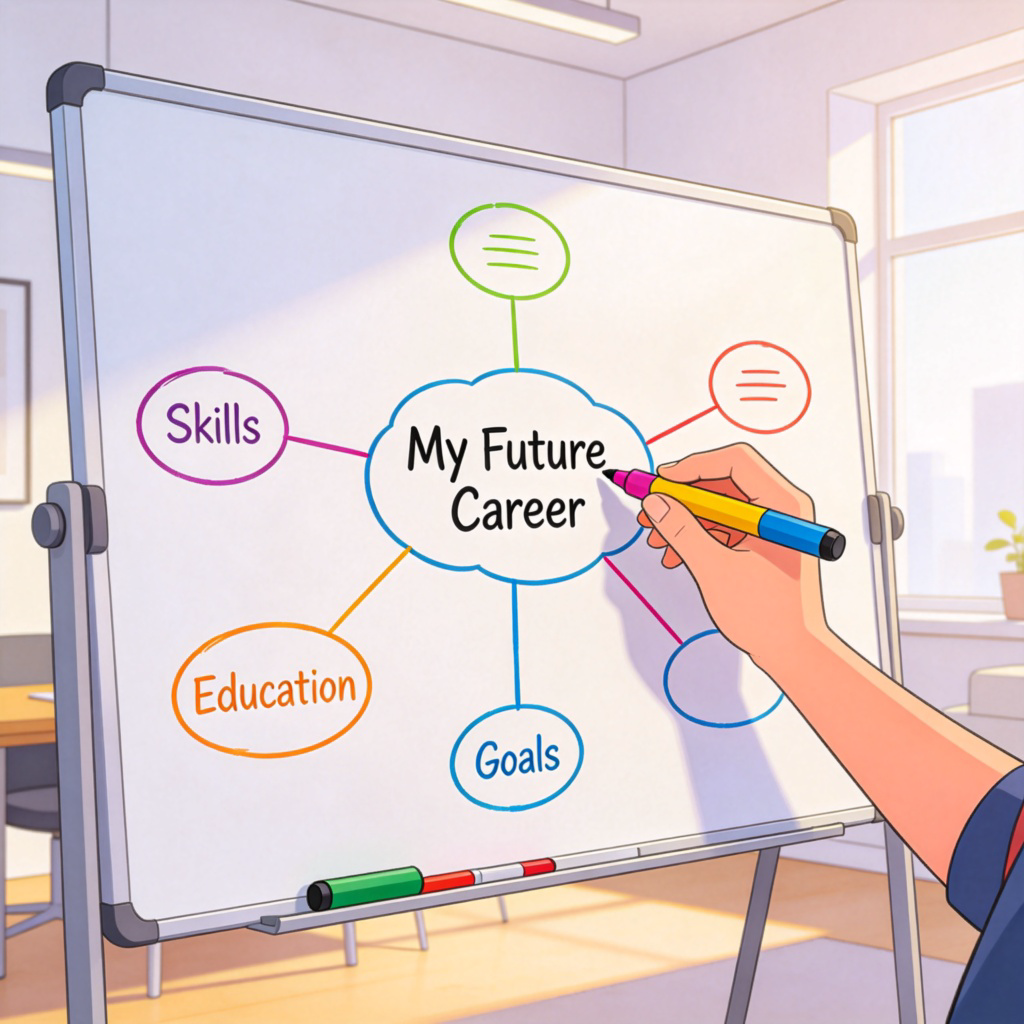 A person's hand drawing a colorful mind map with a marker on a large whiteboard. The central bubble says 'My Future Career', and connected bubbles contain words like 'Skills', 'Education', 'Goals'. The scene is in a bright, modern room. No text on the drawing besides the example words.
