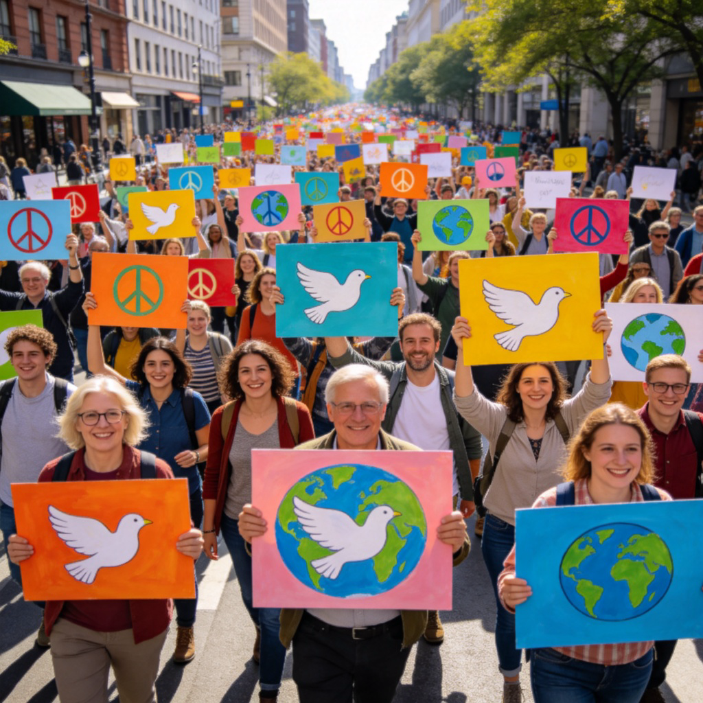 march 游行示威场景图解：人群举牌游行