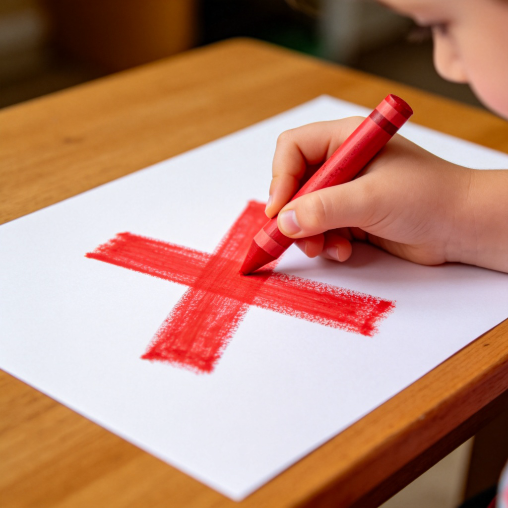 A child's hand holding a bright red crayon, making a large, clear ‘X’ mark on a blank sheet of white paper. The paper is on a wooden table. The focus is on the action of marking and the vivid red X. No text.
